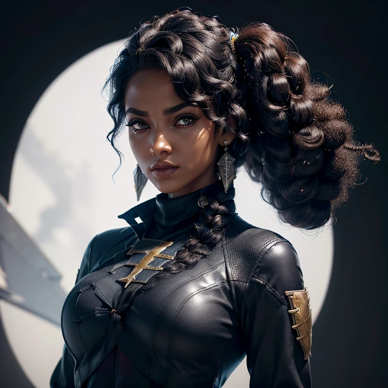 ((Personaje femenino negro estilo juego free fire.)), ((mujer arafa))((African-American Asian)), ((Con el pelo negro y rizado recogido con algunos mechones sueltos.)), ((Y una blusa negra de manga larga compró un cuello alto escrito Chica)),((Ella está frente a la cámara mirando hacia un lado., fondo negro y rayo azul))