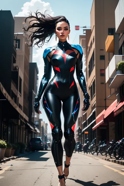 A cyborg woman on a motorcycle is speeding through the streets, effortlessly gliding across the asphalt. The sleek and modern mo...