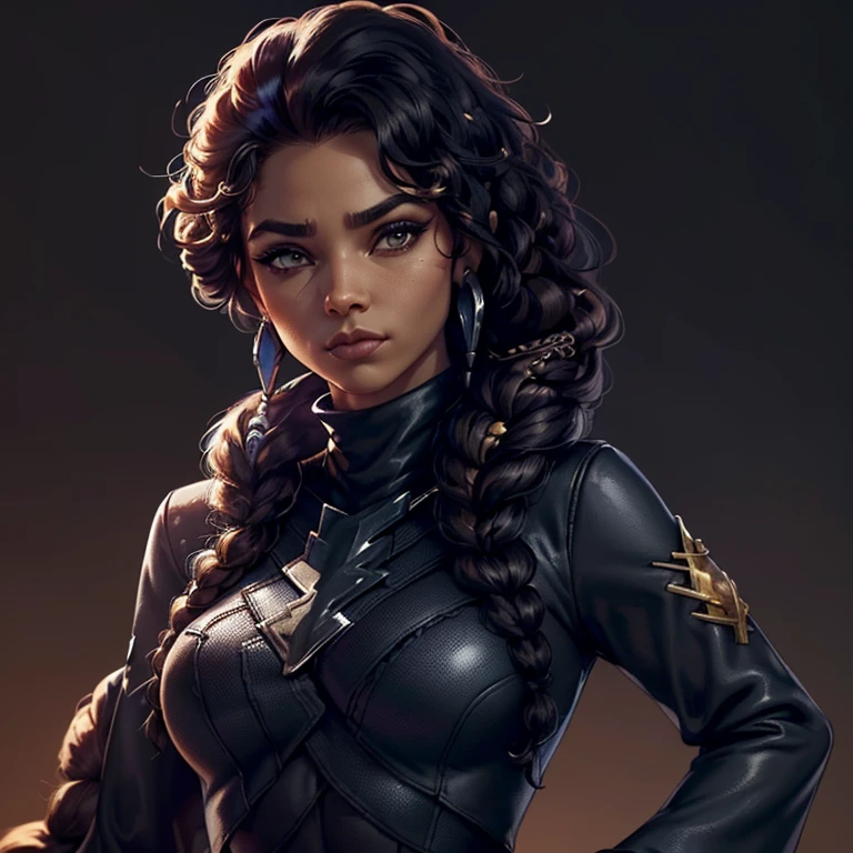 ((Schwarze weibliche Figur im Free Fire-Spielstil)), ((arabische Frau))((Afroamerikaner Asiatisch)), ((Mit schwarzen lockigen Haaren, die mit einigen losen Strähnen zusammengebunden sind)), ((Und eine schwarze Langarmbluse gekauft Rollkragen geschrieben Mädchen)),((Sie blickt in die Kamera und schaut zur Seite, schwarzer Hintergrund und blauer Blitz))