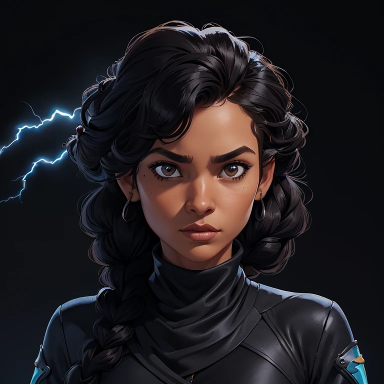 ((Personaje femenino negro estilo juego free fire.)), ((mujer arafa))((African-American Asian)), ((Con el pelo negro y rizado recogido con algunos mechones sueltos.)), ((Y una blusa negra de manga larga compró un cuello alto escrito Chica)),((Ella está frente a la cámara mirando hacia un lado., fondo negro y rayo azul))