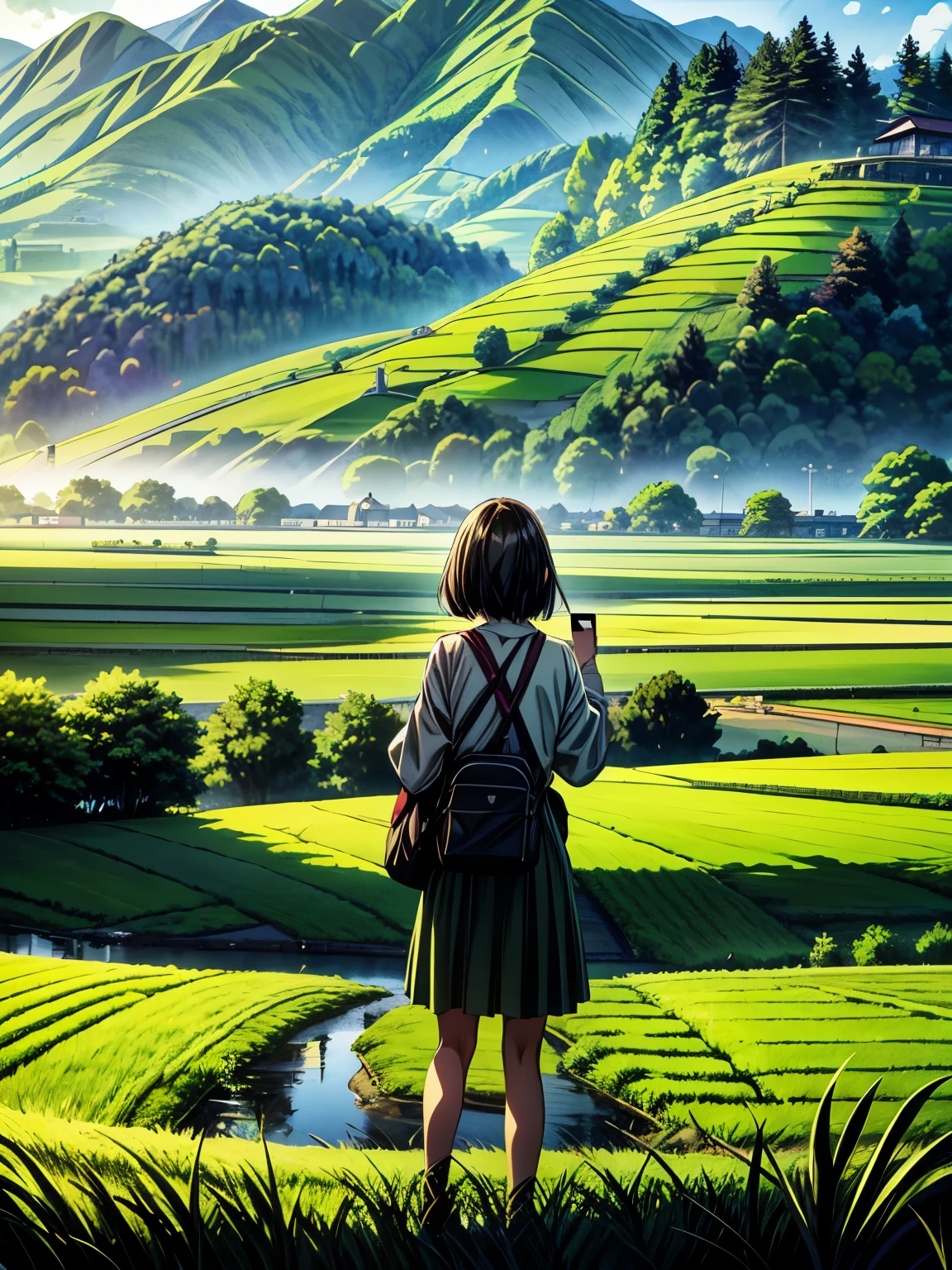 One girl、Country girl、good morning、Asahi、Country town、Paddy field、Mountain、Full of greenery、(((masterpiece))), (best quality), (ultra detail), (very_high_resolution), (large_filesize), (full color)