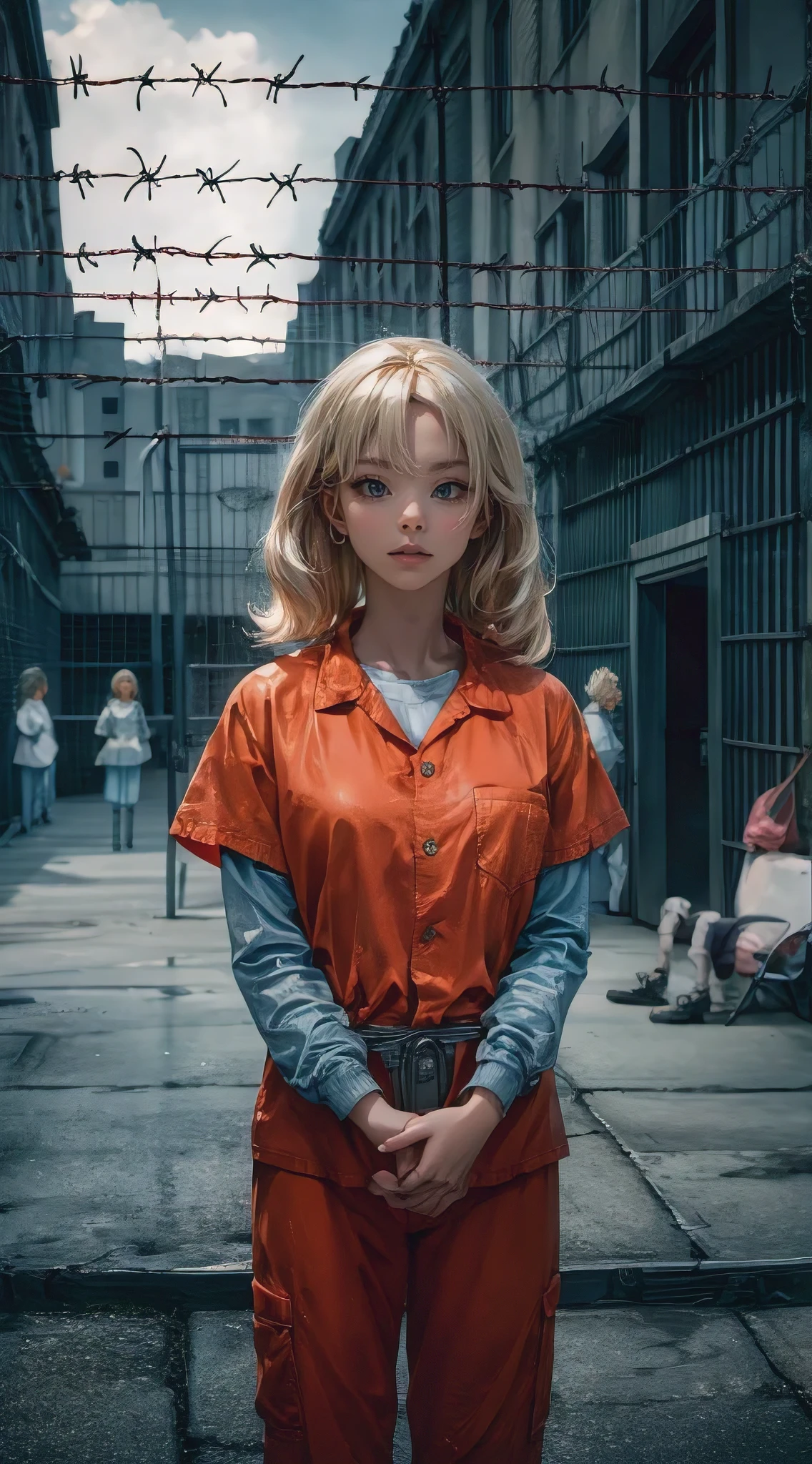 A striking, thought-provoking image of (Barbie:1.2), the iconic doll, dressed in an orange jumpsuit, standing in a women's prison yard. The prison walls are surrounded by barbed wire and watchtowers, casting a shadow over the yard. Barbie, with her signature blonde hair and blue eyes, looks determined and resilient in her new environment. The background shows the vast, imposing prison buildings, highlighting the harsh reality of incarceration.