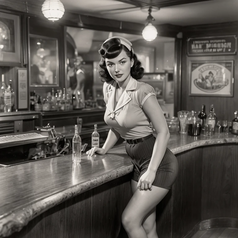 Full body portrait of Betty Page, alone (in a short sailor outfit, 1940s, very detailed: 1.5), (finely detailed face, 1.5 inches), (1940s hairstyle with a high pompadour: 1.5 inches), (slim body, voluptuous, small hips: 1.8), (leaning on a bar rail: 1.5 inches), (inside a dim, old big band bar from the 1940s: 1.4 inches), (soft studio lighting, volumetric shadows), JCH Street Pan film, ISO 100.

Betty Page,