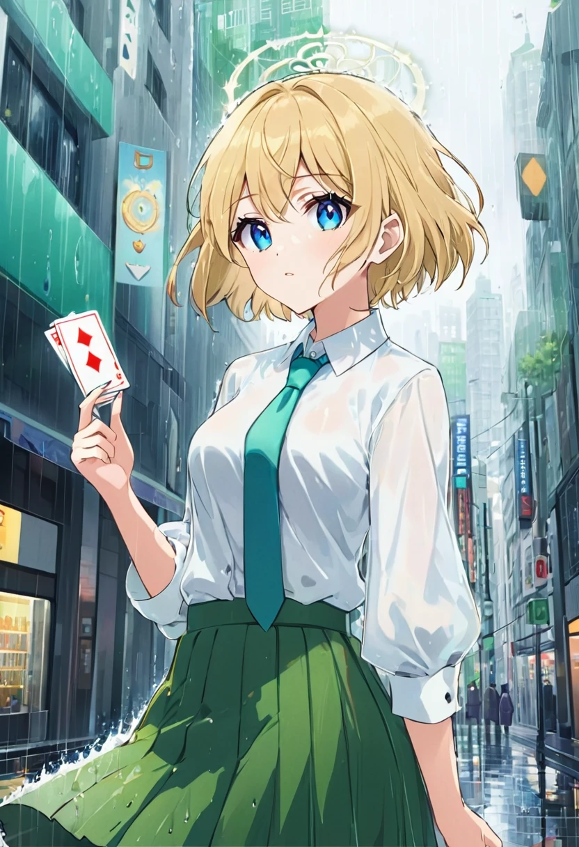 1girll, blond hairbl, Short hair, Blue eyes, White shirt, green necktie, Green skirt, City, rain, Detailed background,Anime Tarot Card Art Style