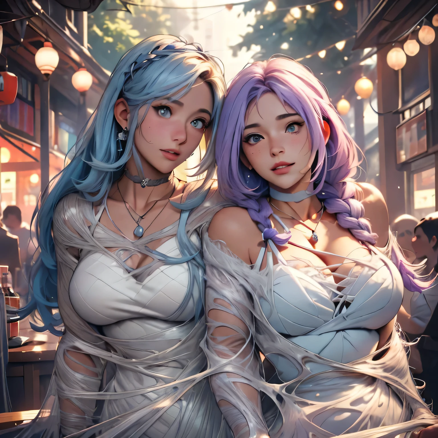 helplessly entangled in the spider's web(long lavender colored hair with a single braid accent),(grey colored eyes),(youthful freckles over nose), (anime) in bar, (choker necklace), (mischievous troublemaker), (sh44r) ,(bar setting). (best quality, 4k, highres, masterpiece:1.2), (ultra-detailed), (realistic, photorealistic:1.37), (vivid colors), (portrait), (bokeh), (soft lighting) full body photo,spider web,cocoon,gagged