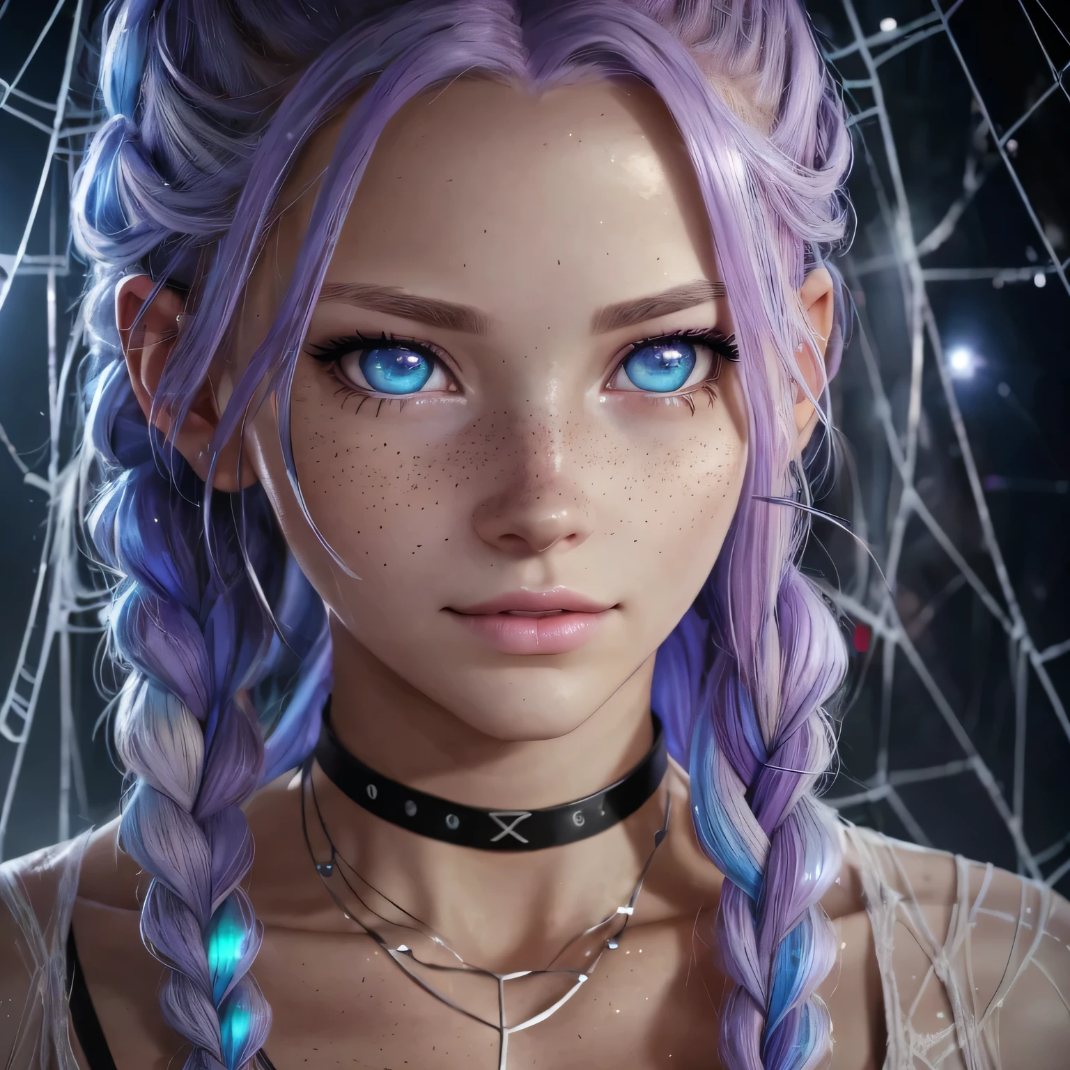 A scared young woman with (long lavender colored hair with a single braid accent),(grey colored eyes),(youthful freckles over nose), (anime) in bar, (choker necklace), (mischievous troublemaker), (sh44r) ,(bar setting). (best quality, 4k, highres, masterpiece:1.2), (ultra-detailed), (realistic, photorealistic:1.37), (vivid colors), (portrait), (bokeh), (soft lighting) full body photo,spider web,cocoon,gagged