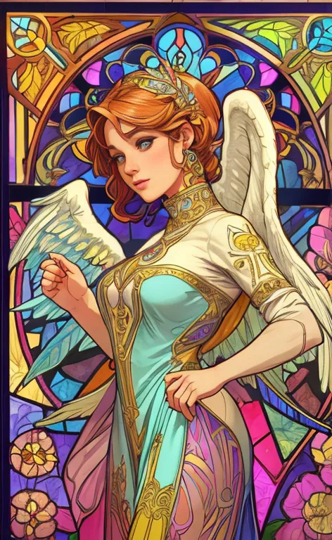 (best quality:1.2,vetorial art:1.1,vivid colors,stained glass,beautiful vintage angel woman with big open wings:1.1),determined ...