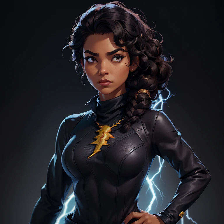 ((Personaje femenino negro estilo juego free fire.)), ((mujer arafa))((African-American Asian)), ((Con el pelo negro y rizado recogido con algunos mechones sueltos.)), ((Y una blusa negra de manga larga compró un cuello alto escrito Chica)),((Ella está frente a la cámara mirando hacia un lado., fondo negro y rayo azul)) 20 años