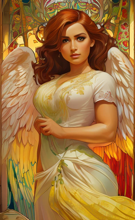 (best quality:1.2,vetorial art:1.1,vivid colors,Stained glass,beautiful vintage angel woman with big open wings:1.1),determined face expression,corpo de frente para o observador,alphonse mucha style,Intricate flowery background,vivid colors,warm tone,soft lighting)