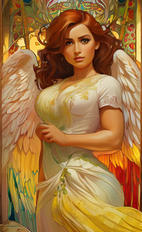 (best quality:1.2,vetorial art:1.1,vivid colors,stained glass,beautiful vintage angel woman with big open wings:1.1),determined ...