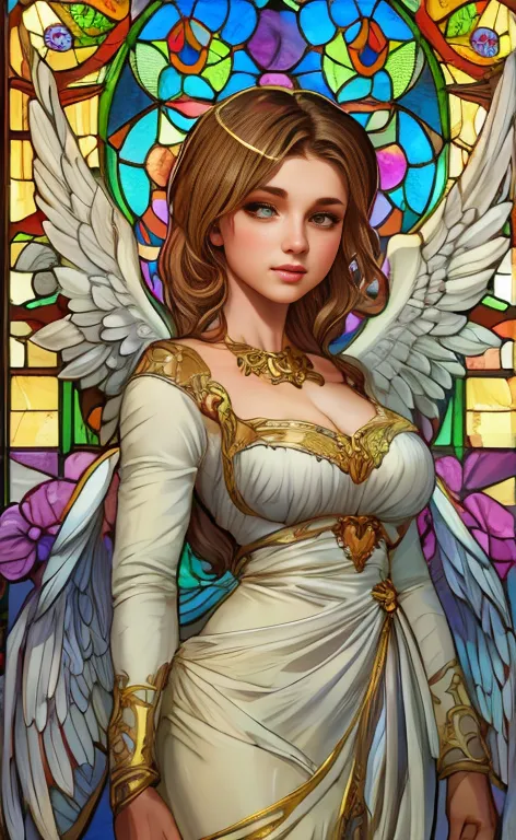(best quality:1.2,vetorial art:1.1,Stained glass,beautiful vintage angel woman with big open wings:1.1),determined face expressi...