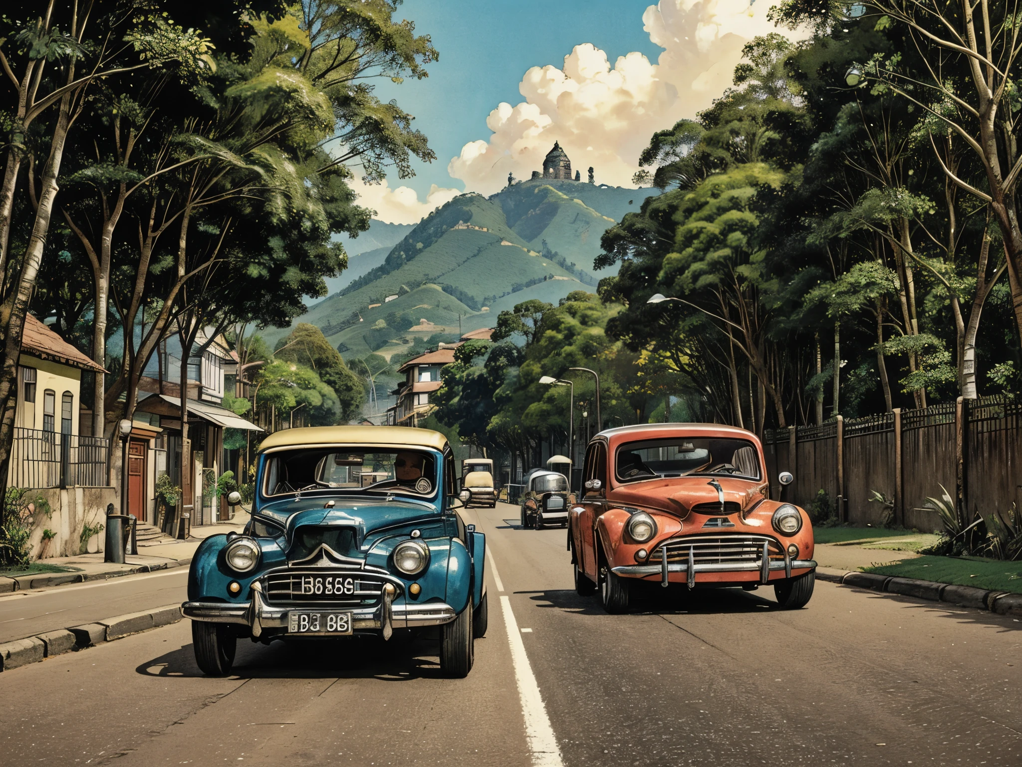 在一個小, 古色古香的村莊坐落在哥倫比亞鄉村鬱鬱蔥蔥的綠色植物中汽車在城市的路邊排隊, 沿着街道行驶的改装车, 老爺車,  1 9 5 4,  : 8k, 哥倫比亞街頭的復古鏡頭, 1 9 4 0 秒街景, 作者：霍華‧里昂, 亞歷山大·曼, 非常詳細的復古彩色照片 ,飽和度更高 飽和度更高