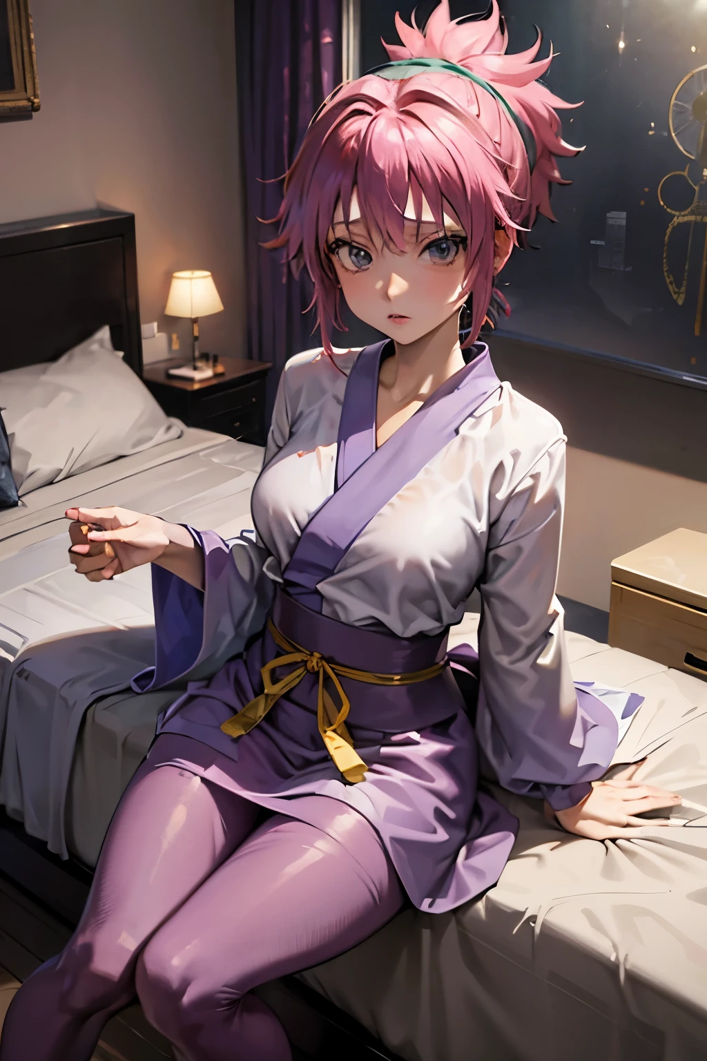 Gusset、Hunter x Hunter、Pink Hair、Short Hair、((pantyhose))、Photo from below、Medium chest、Bedroom、Mini Kimono