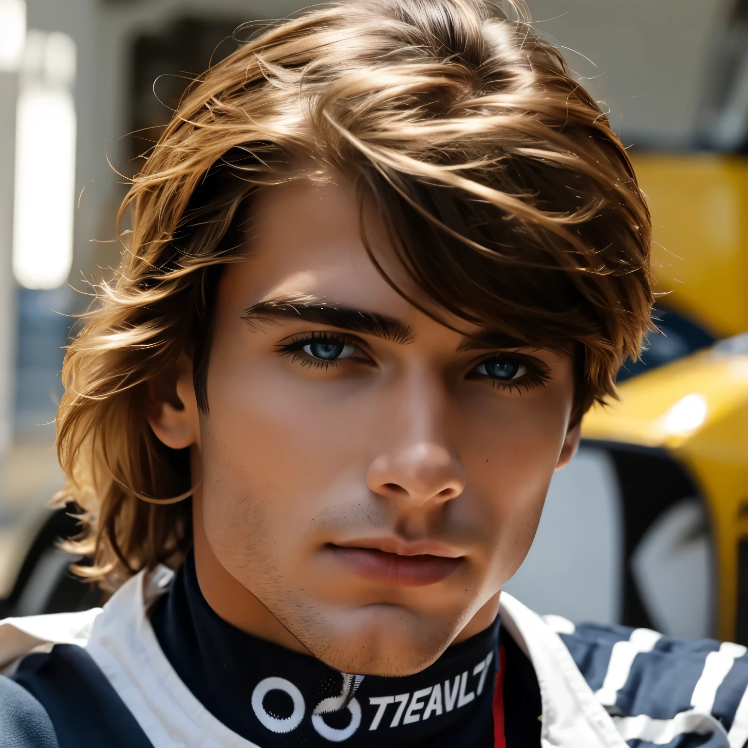 Formula 1 driver man with light brown hair and eyes, shorth hair 