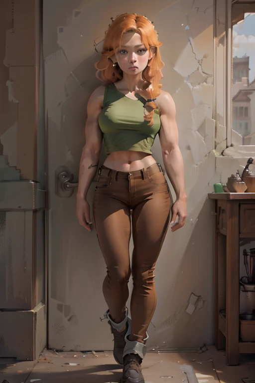 1945s full body photo shows a white woman, red hair, green shirt, abdomen exposed, brown jeans, small shoulder, slim waist, wide hips, thick legs, muscular body posing In sexy manner in front of a wall