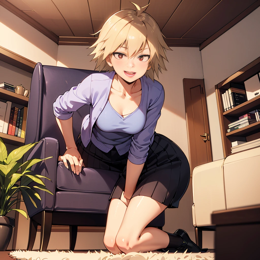 (front:1.3) face focal, looking down, looking at viewer, smile, open mouth, tongue out (leaning forward:1.2) (kneeling:1.1) from the bottom, full body, m1tsuk1, solo, red eyes, short hair, blonde hair, purple cardigan, white shirt, black skirt, indoor, indirect lighting, ceiling, carpet, sofa, plants, bookshelf