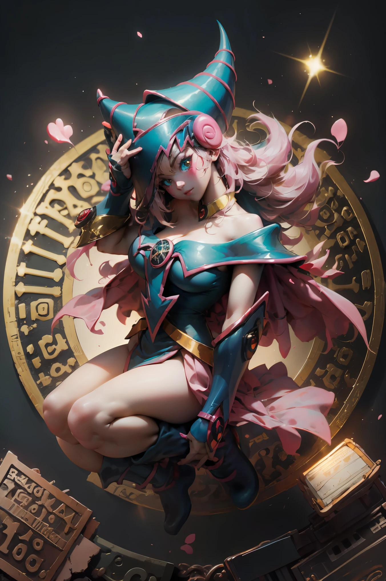 (masterpiece:1.2), (The best quality:1.2), perfect lighting, Dark Magician Girl casting a spell, blue eyes, Long blonde hair, Red lips. floating in the air, big tits, neckline, magic background. Transparent hearts in the air, blue robe, big hat, from above, Sparkles, Yugioh Card in the background. In heels.