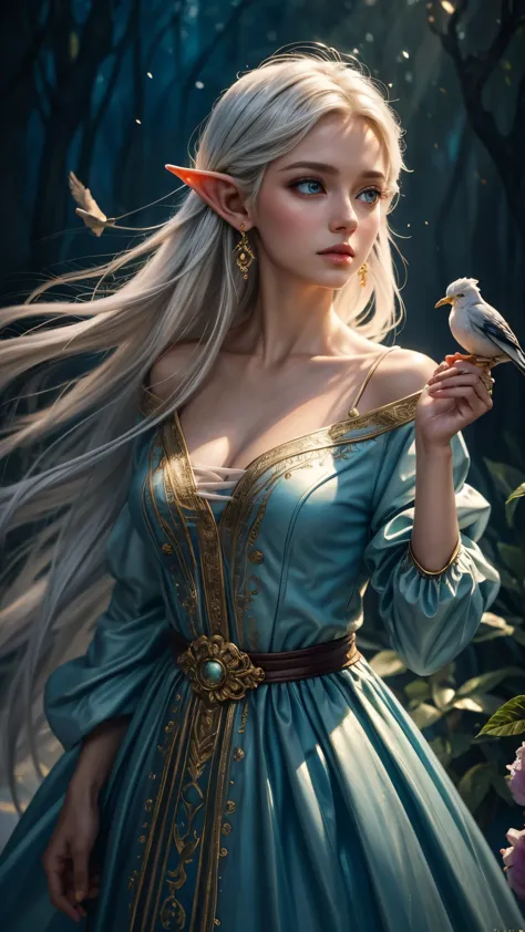 emotional oil paiting of a elf holding a bird, white haired, vivid blue eyes, chiascuro style, elegance,(oil painting:1.4), hope...