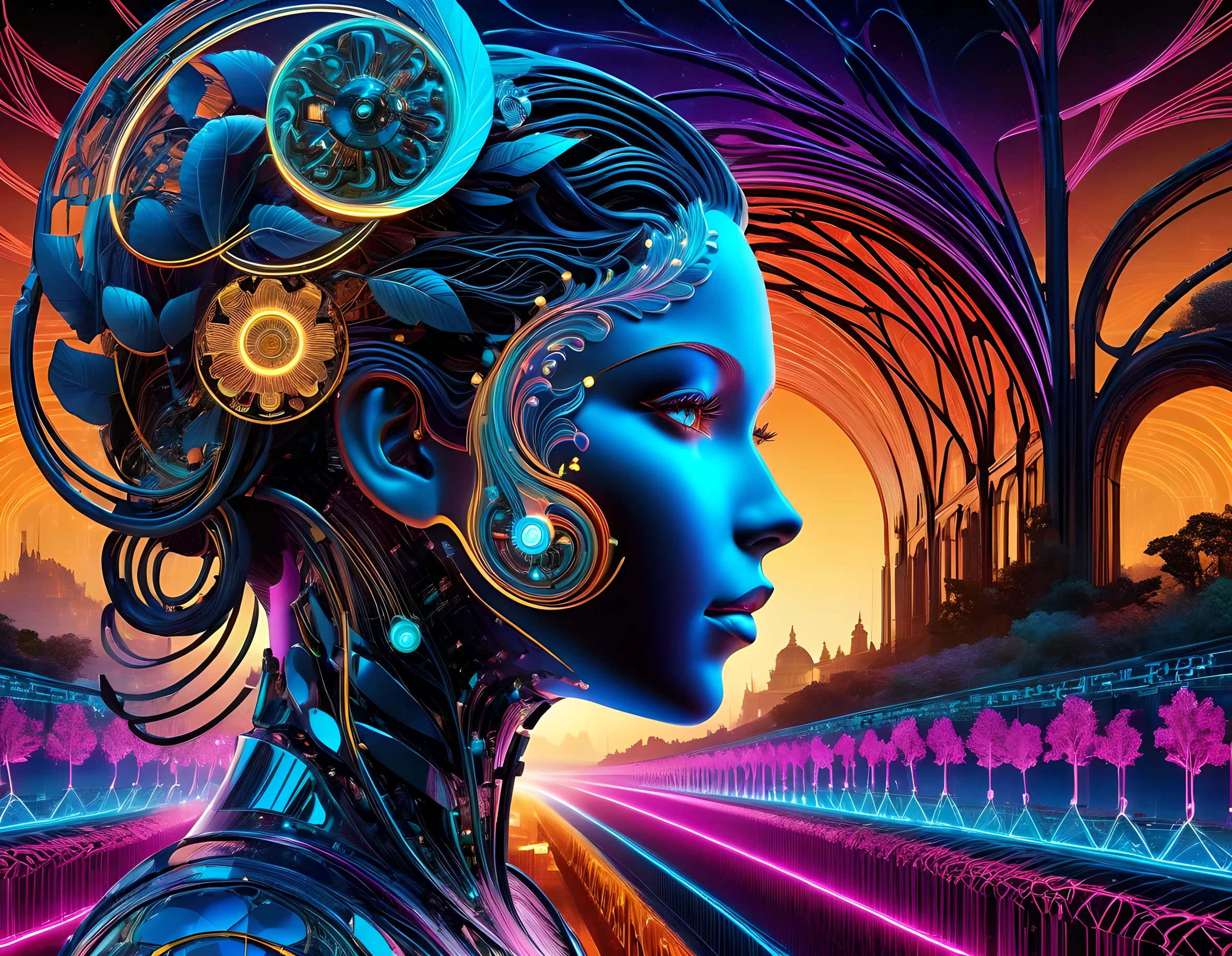 (best quality,highres,masterpiece:1.2),ultra-detailed,realistic,concept art,artificial intelligence,overlapping symbols,circuits,vivid and captivating colors,impressive palette,lifelike,neon lights,glowing wires,advanced technology,interactive illusions,dynamic patterns,complex algorithms,harmonious composition,striking contrasts,technological marvel,aesthetic design,visual storytelling,engaging experience,futuristic atmosphere,innovative concepts,digital revolution,creative expressions,synthesis of art and technology,seamless integration,limitless possibilities,inspiring and thought-provoking,perspective of the future,breathtaking imagination,mesmerizing artwork,computer-generated beauty,mind-bending visuals,aesthetically pleasing,unleashing the potential of AI.