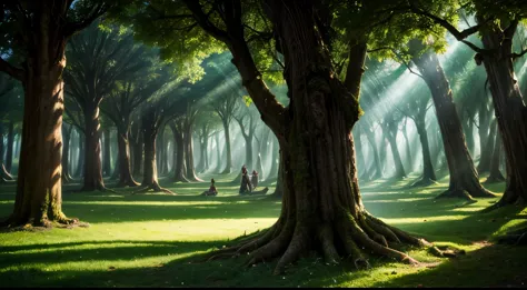 magical forest full of ((magical elven creatures)) running between the dense and old trees,   sonhadores, intrincado, altamente ...