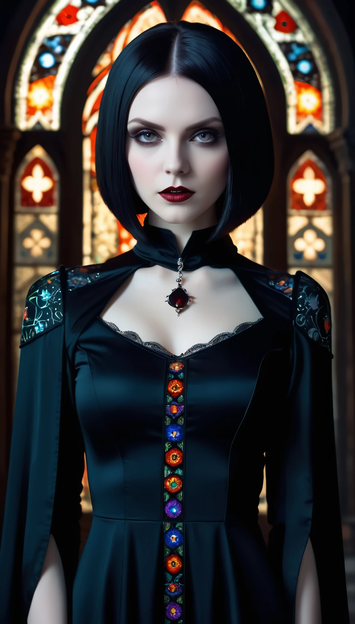 Millefiori glass style,(high quality: 1.3), movie shot, masterpiece, (Clear focus: 1.5), (Reality: 1.3), Medium Portrait (A beautiful young vampire woman, Pale skin, Gothic, Still proud and fierce, Black Straight Short Bob Hairstyle, Dark appearance, Wearing a very fine dark tunic, Dark atmosphere, Instead, it uses sharp contrasts of light and dark to create shapes.), It&#39;s night, (Very delicate skin), (Delicate face),  Detailed background, dark lights, Dusk lighting, Volumetric Lighting, Intricate details, Ultra HD,