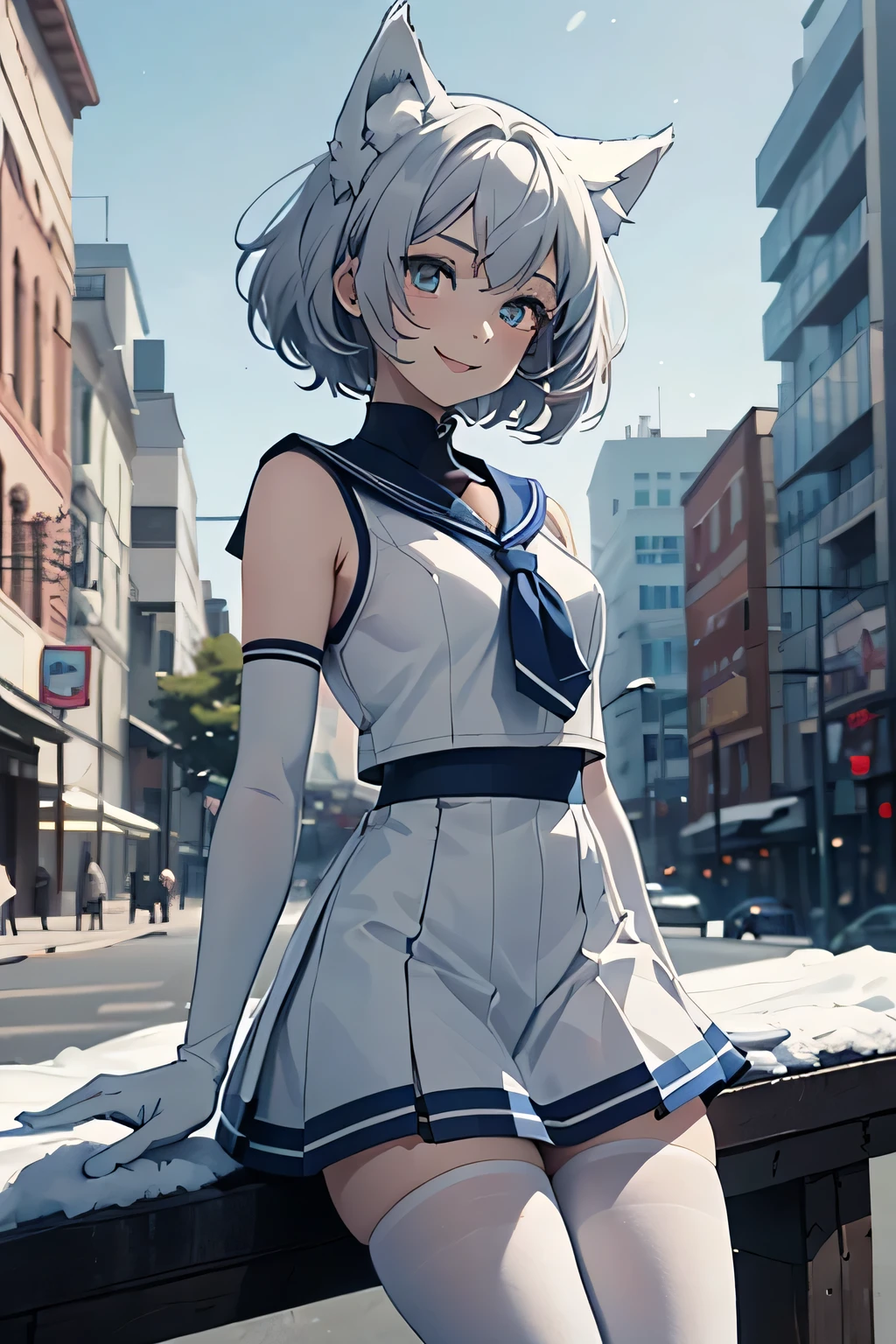 Tabletop　 Best image quality　wonderful　Attention to detail　One Young Woman（（Adult））Anime Style　White Sailor Suit（Sleeveless）Navy blue mini skirt　snow-white gloves（Elbow Gloves）　White Pantyhose（Plain）　Wolf Ears　short hair（（Shortcuts）（Gray Hair）（Curly Hair）（fluffy））　smile（Happy）　Eye color is blue　background（Building district）