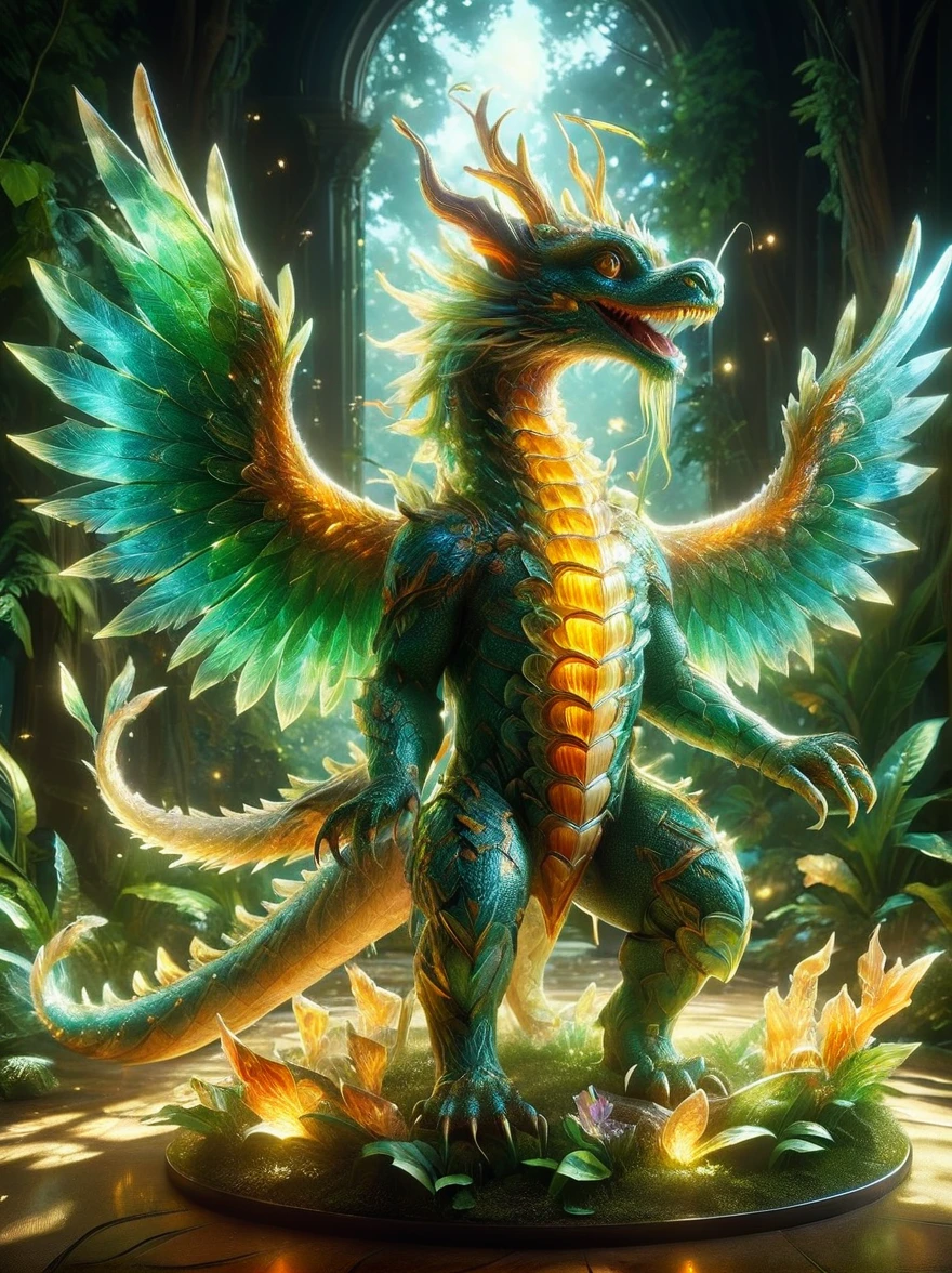 A creative depiction of a whimsical creature inspired by creatures from popular card-based games. The creature is entirely made up of glass, illuminating in the sunlight with a variety of colors reflecting off its surface. Its body resembles those of chimerical beasts, with elements of various animals combined. It has the wings of a bird, legs of a mammal, and a long tail which can possibly be seen as reptilian. As it glows, the glass creature stands majestically against a backdrop of a lush green forest, the shining beacon amidst nature's splendor.