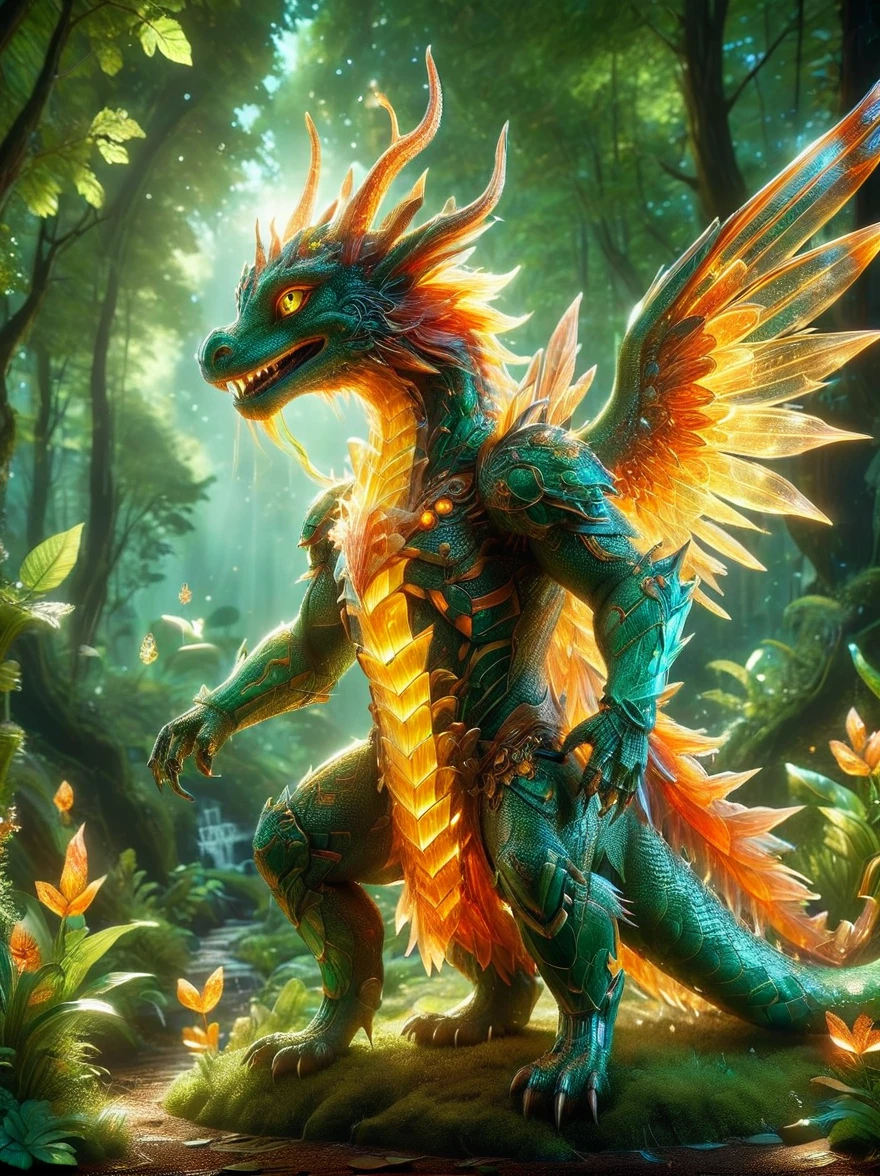 A creative depiction of a whimsical creature inspired by creatures from popular card-based games. The creature is entirely made up of glass, illuminating in the sunlight with a variety of colors reflecting off its surface. Its body resembles those of chimerical beasts, with elements of various animals combined. It has the wings of a bird, legs of a mammal, and a long tail which can possibly be seen as reptilian. As it glows, the glass creature stands majestically against a backdrop of a lush green forest, the shining beacon amidst nature's splendor.