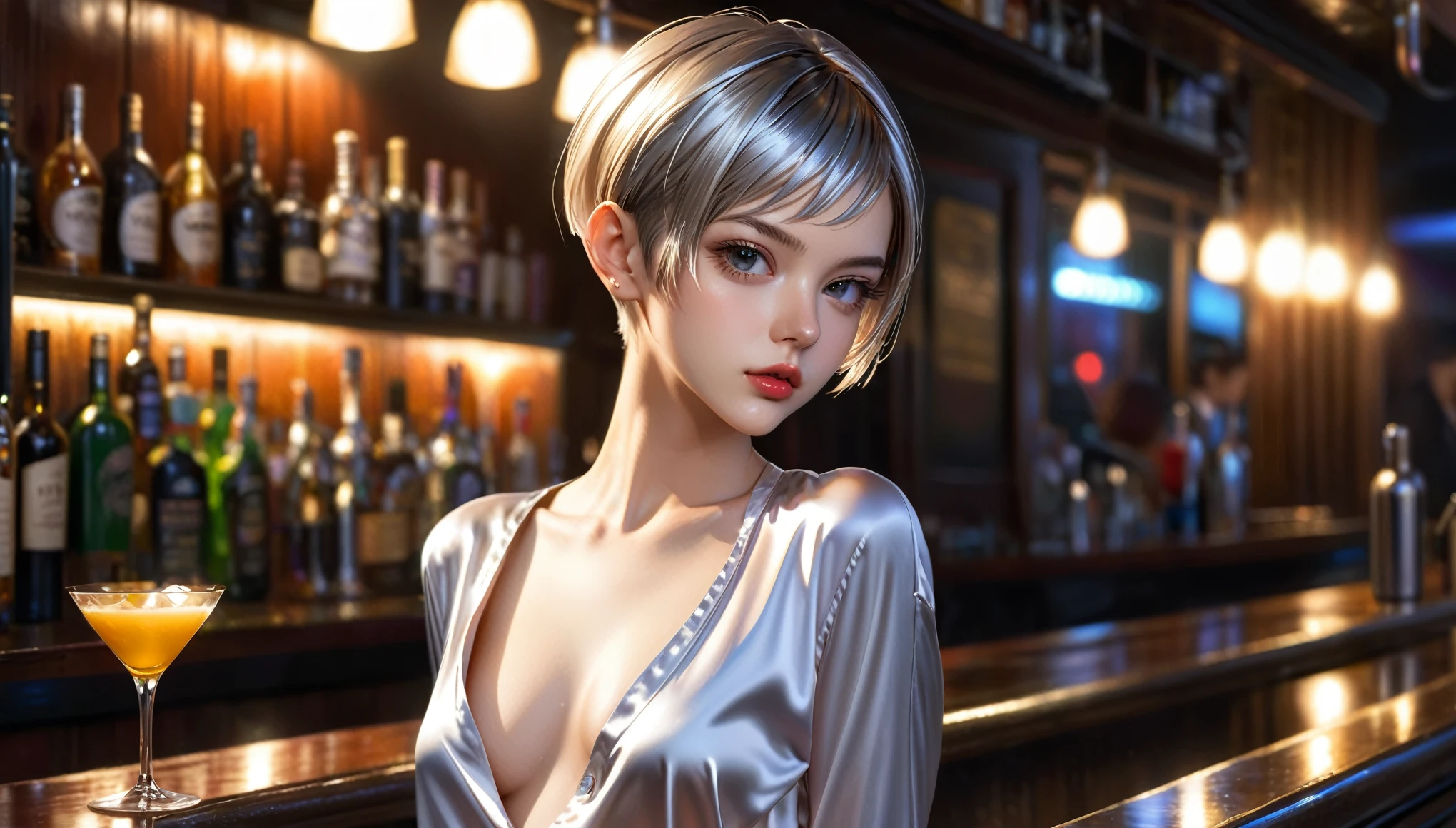 Top Quality, Masterpiece, High Resolution, 8k, full body shot, (((skinny girl, oversized shiny satin shirt,  deep neckline, bare back, small perky breasts, beautiful detailed eyes, beautiful detailed lips, small closed mouth, extremely detailed face, pixie side shaved hair cut, small hips, at the bar)))