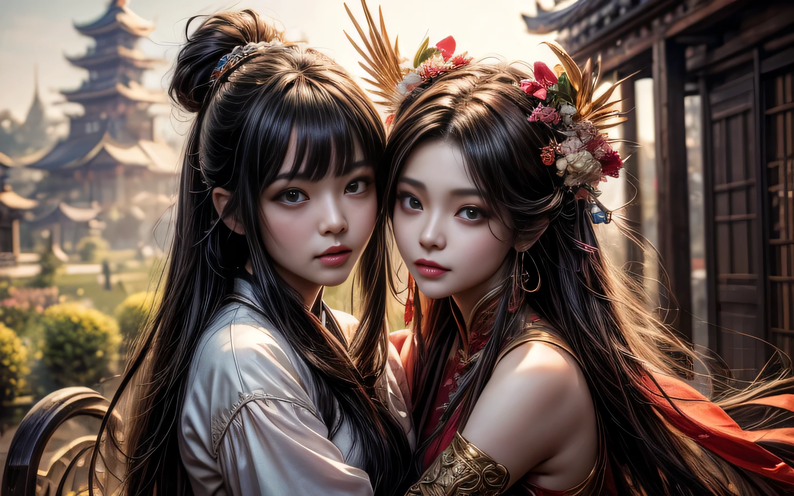 imagem arafada de um casal de mulheres e homens asiáticos se abraçando em Peach Garden, Fundo detalhado do jardim de pêssego, Xianxia fantasy, Jinna Zhang, jogo cg, Wuxia, inspirado em Chen Yifei, Xianxia, Xianxia hero, 2. arte de fantasia de anime 5 d cgi, Heise Jinyao, Fantasia chinesa, bela renderização da dinastia Tang, heise-lian yan fang, (rosto inteiro perfeito:1.5), (alto detalhe:1.1), personagem detalhado, olhos detalhados, mãos detalhadas, 4k melhor qualidade, Detalhes de caracteres de 8k, Arte de anime de alta qualidade, ilustração de alta qualidade, Papéis de parede de anime detalhados, arte detalhada de anime, hiper-realista, elegante, arte de anime realista de alta qualidade