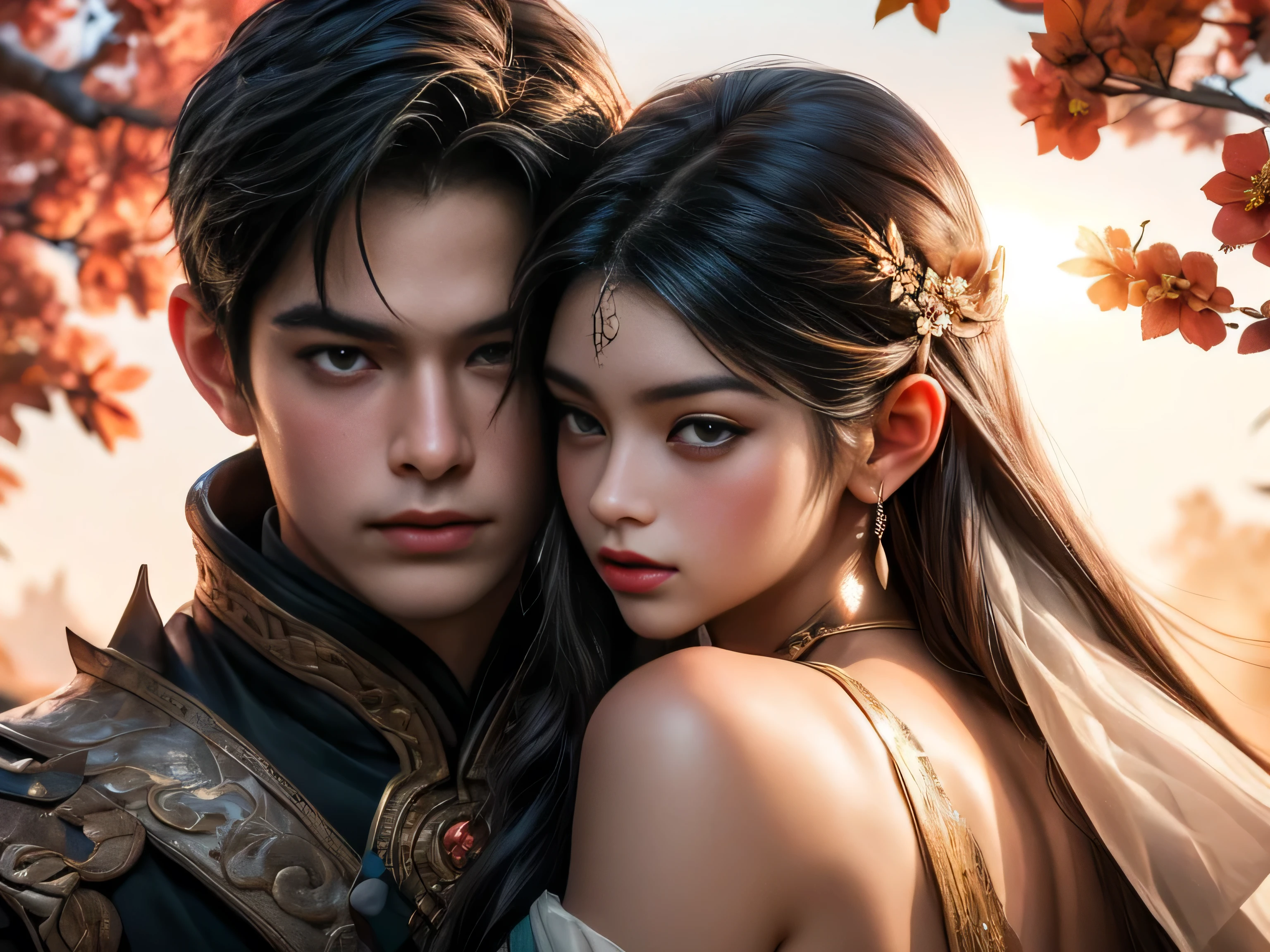 arafed image of a couple of asian man and woman hugging each other in Peach Garden, in wedding clothes, Peach Garden detailed background, xianxia fantasy, jingna zhang, game cg, wuxia, inspired by Chen Yifei, xianxia, xianxia hero, 2.5 d cgi anime fantasy artwork, heise jinyao, chinese fantasy, beautiful render of tang dynasty, heise-lian yan fang, (perfect full face:1.5), (high detail:1.1), detailed character, detailed eyes, detailed hands, detailed fingernails, 4k best quality, 8k character details, high quality anime art, high quality illustration, detailed anime wallpapers, detailed anime art, hyper-realistic, elegant, high quality realistic anime art