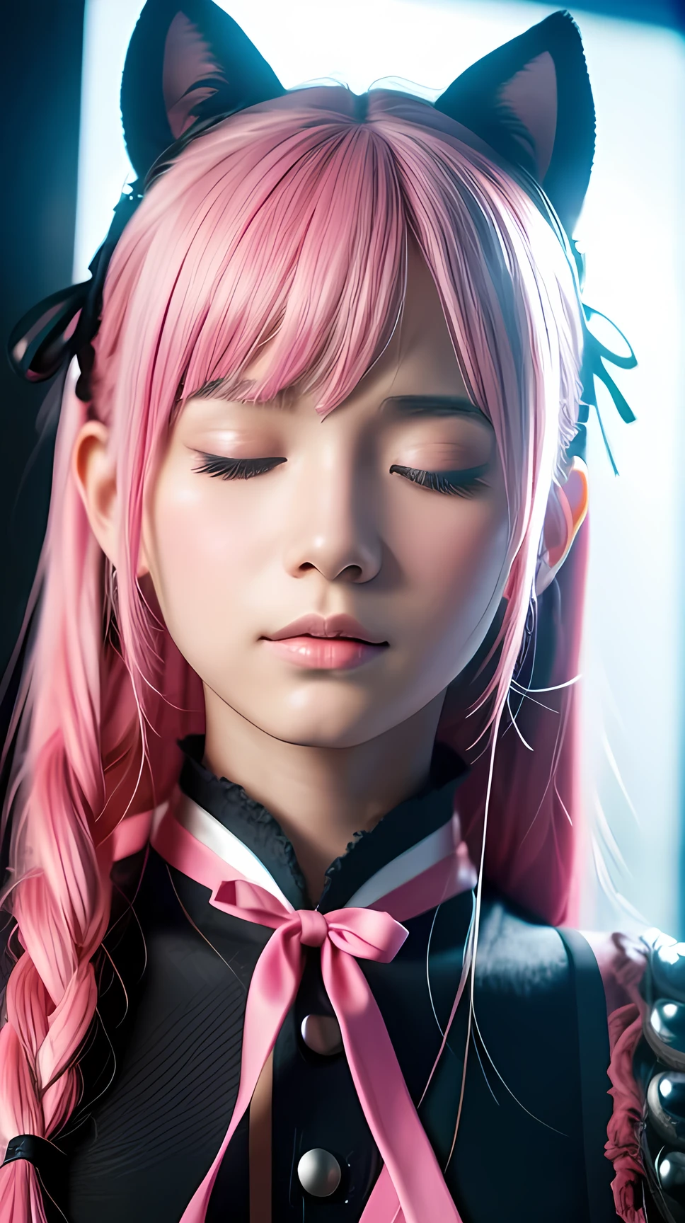 Detailed face, Anime girl with pink hair and a ribbon in her hair, Fantasy art, Japanese, (((Ultra-realistic))) photograph, (highest quality:1.2, Very detailed, up to date, Vibrant, Ultra-high resolution, High Contrast, masterpiece:1.2, highest quality, Best aesthetics), Textured skin. Spectacular and inspiring cinema lighting, 1girl, solo, black hair, closed eyes, blush