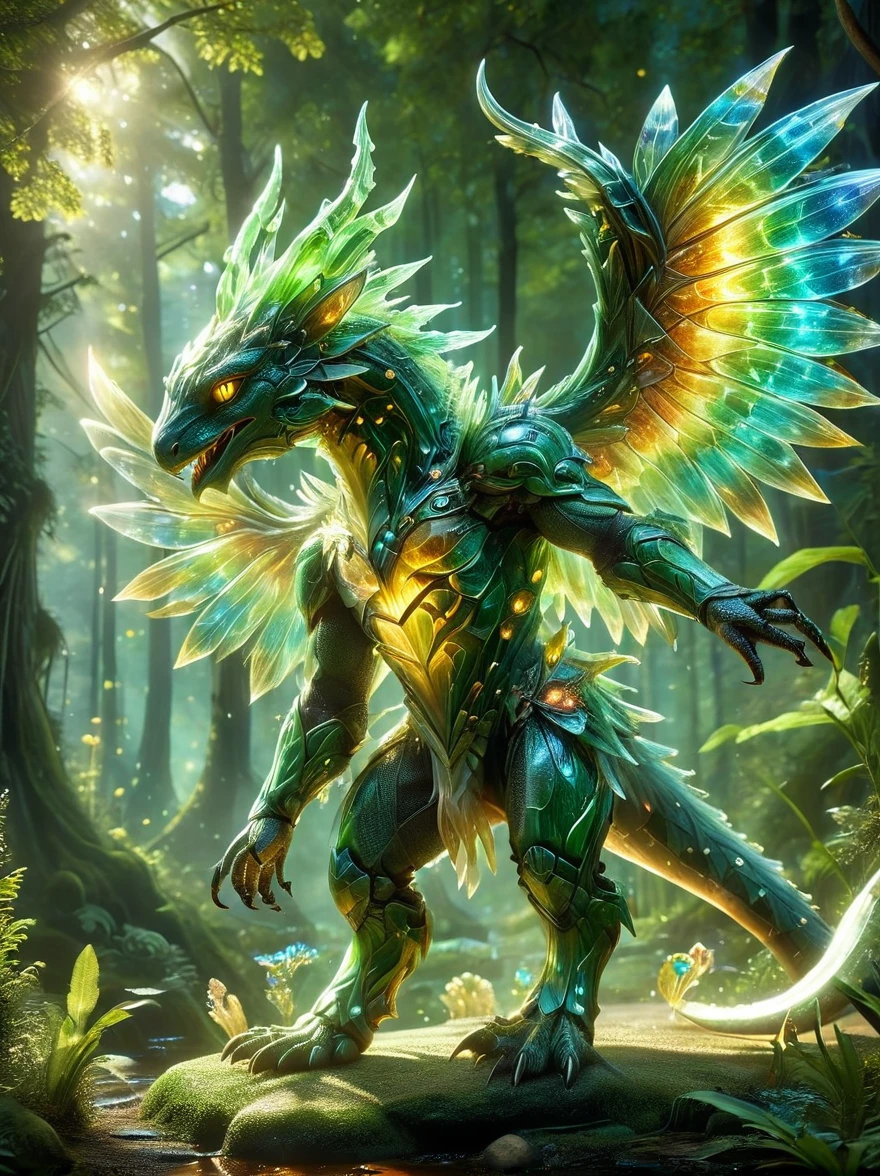 A creative depiction of a whimsical creature inspired by creatures from popular card-based games. The creature is entirely made up of glass, illuminating in the sunlight with a variety of colors reflecting off its surface. Its body resembles those of chimerical beasts, with elements of various animals combined. It has the wings of a bird, legs of a mammal, and a long tail which can possibly be seen as reptilian. As it glows, the glass creature stands majestically against a backdrop of a lush green forest, the shining beacon amidst nature's splendor.