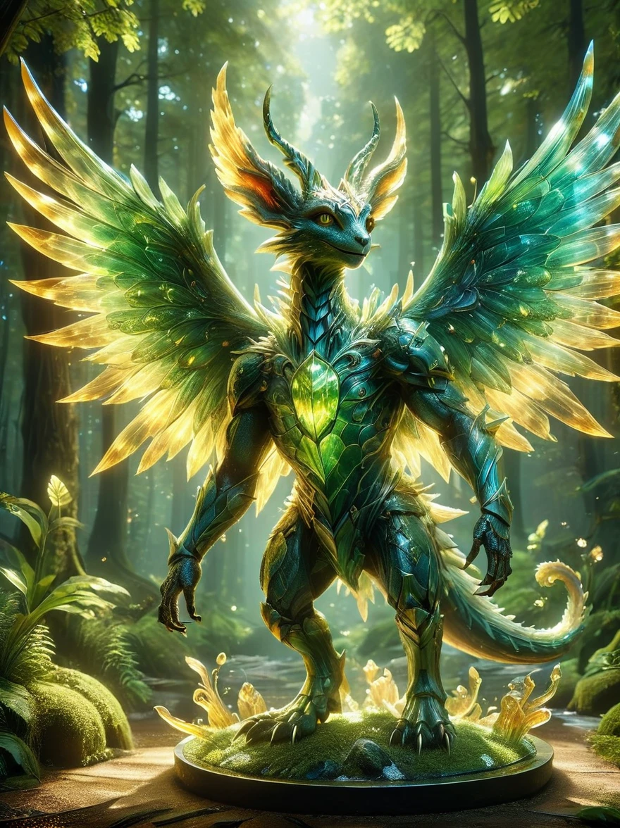 A creative depiction of a whimsical creature inspired by creatures from popular card-based games. The creature is entirely made up of glass, illuminating in the sunlight with a variety of colors reflecting off its surface. Its body resembles those of chimerical beasts, with elements of various animals combined. It has the wings of a bird, legs of a mammal, and a long tail which can possibly be seen as reptilian. As it glows, the glass creature stands majestically against a backdrop of a lush green forest, the shining beacon amidst nature's splendor.