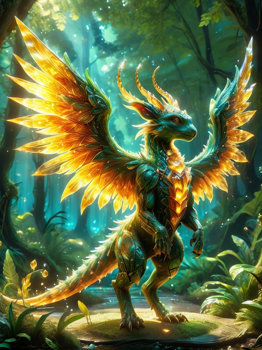 A creative depiction of a whimsical creature inspired by creatures from popular card-based games. The creature is entirely made up of glass, illuminating in the sunlight with a variety of colors reflecting off its surface. Its body resembles those of chimerical beasts, with elements of various animals combined. It has the wings of a bird, legs of a mammal, and a long tail which can possibly be seen as reptilian. As it glows, the glass creature stands majestically against a backdrop of a lush green forest, the shining beacon amidst nature's splendor.