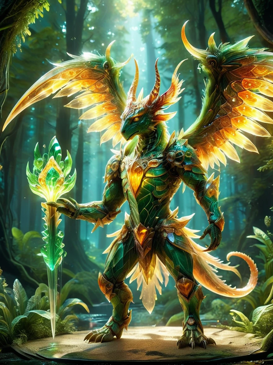 A creative depiction of a whimsical creature inspired by creatures from popular card-based games. The creature is entirely made up of glass, illuminating in the sunlight with a variety of colors reflecting off its surface. Its body resembles those of chimerical beasts, with elements of various animals combined. It has the wings of a bird, legs of a mammal, and a long tail which can possibly be seen as reptilian. As it glows, the glass creature stands majestically against a backdrop of a lush green forest, the shining beacon amidst nature's splendor.