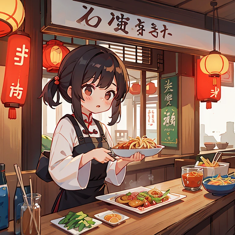 A girl making Zhajiang noodles at a Chinese food stall