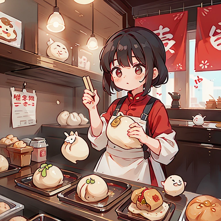 Una niña preparando xiaolongbao en un puesto de comida taiwanesa.