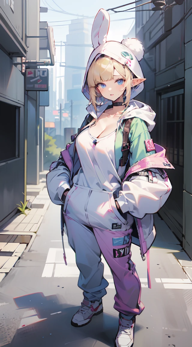 Wearing tech clothes、Elf woman in a bunny suit, Pose for photos in the city, hip hop Aesthetics, Cabin core. (Ultra-high quality), (1 Weird Girl), (Beautiful elf girl), (Perfect full body), adult body, (Large Breasts, E cup:1.2),Large Breasts, [Close-up Cleavage]]]]Huge long saggy breasts, Cleavage, The chest is more exposed，Thighs are thicker、 Work clothes, A faint smile, fresh, (Asymmetrical bangs:1.3), braided bun, short hair, Very detailed face and eyes, Perfect lips, (white blonde, Deep blue eyes:1.1), (Wearing a cropped bunny hoodie:1.2), Capri sweatpants, Hands in pockets, Pair with comfortable sneakers, Immersive Background, natural lighting, cyberpunk, Science fiction, The Art of Mathematics, Aesthetic, masterpiece, High Detail, Ultra-high resolution. author：Yusuke Murata.