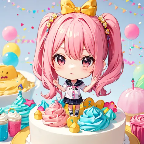 、1 cute chibi character,、bubble、birthday cake、Pink Hair