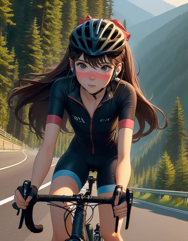 (((masterpiece))), (((best quality))), (((Ride a road bike))), downhill, steep slope, eye mask, earphone, Cycling shorts, wind, Speed line effect, alone, 1 girl, ribbon, long hair, Split, big , Shy. blush