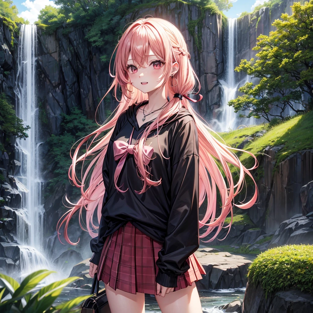 Pink gold golden hair、Red eyes、One good looking girl、独奏、アニメ、Checkered mini skirt、The skirt has buttons、Black camisole、Black T-shirt、hoodie、Holding a Japanese umbrella、Wearing a ribbon、Ribbon on waist、Crystal Earrings、Gemstone Necklace、Tilting face、Teeth are visible、waterfall、Behind the waterfall、tunnel、Sunset sky、moss、bright&#39;s Gate、lantern、blue flame