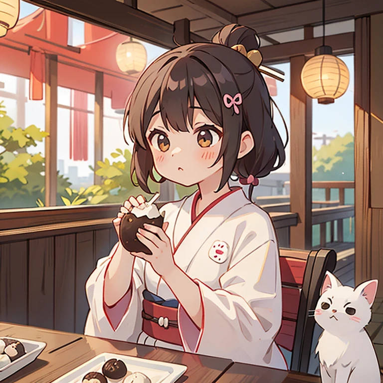 A girl in a yukata eating bean daifuku at a Japanese-style cafe