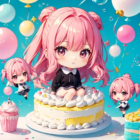 、1 cute chibi character,、bubble、birthday cake、Pink Hair