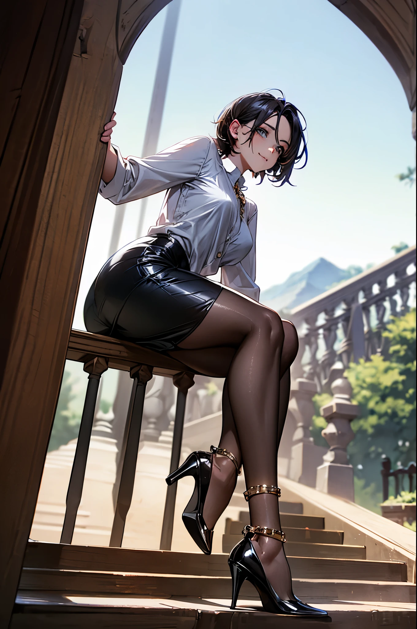 ((Biologically correct number of limbs))、(( whole body including face))、4K、Masterpiece、((Focus on the face))、((Symmetrical, well-proportioned facial features))、Eyes with delicate depictions、Beautiful woman、Outstanding style、Slender Body、((Latex shirt、Latex skirt)、High heels with anklets、Shiny Stockings)、((Lower body close-up))、(((Scenery of climbing stairs)))、Droopy eyes、smile、((Buckshot))