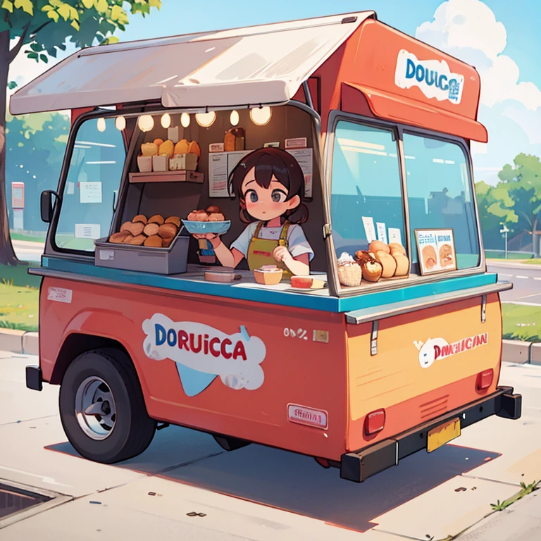 A girl selling donuts and ice cream from a food truck　America