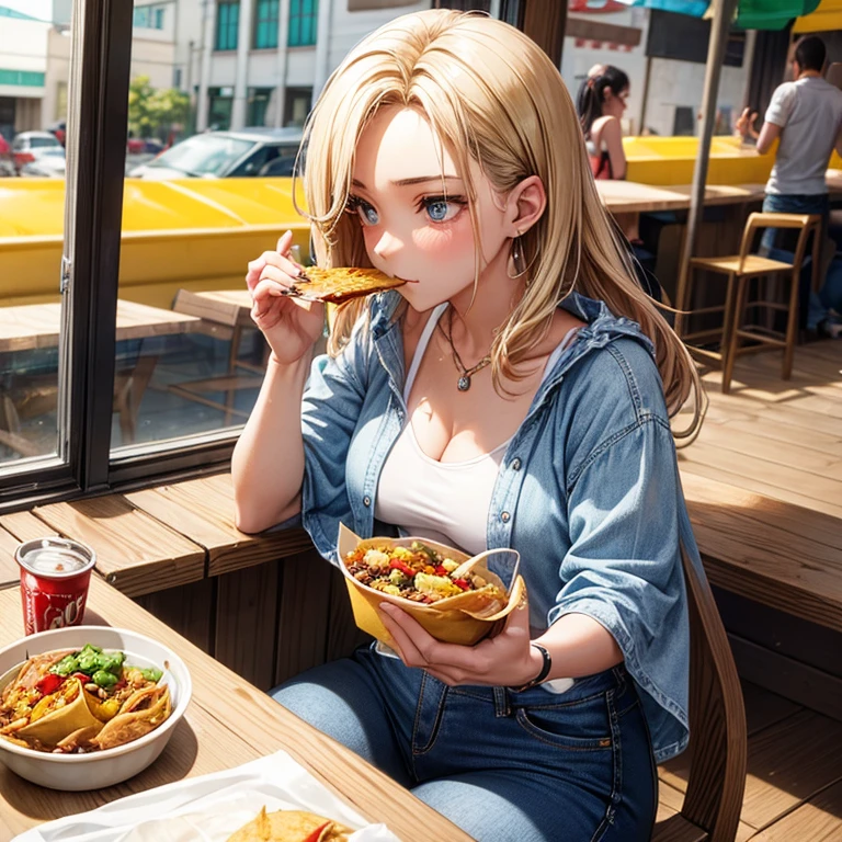 Woman in a poncho, tank top and denim jeans eating tacos at a Mexican food stall　　highest quality　There is a cola on the table　I can see your pants