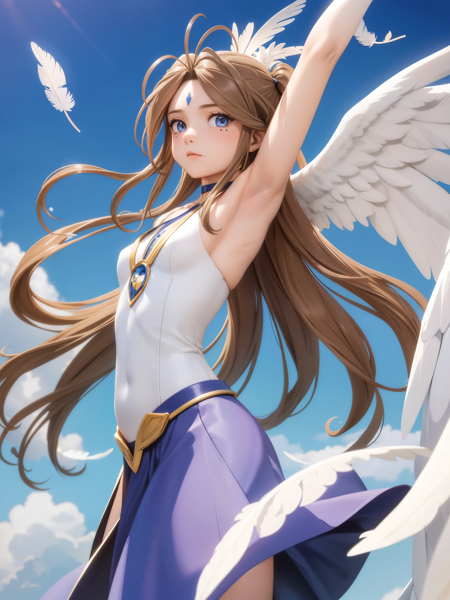 Armpit Show,(masterpiece), highest quality, High resolution, Belldandy, Long Hair, blue eyes, Brown Hair, Facial blemishes, Forehead mark, gloves, wing, choker, bracelet, ring, feather, angel wing, Side view:0.6, (For rest:1.1), stand, 20-year-old