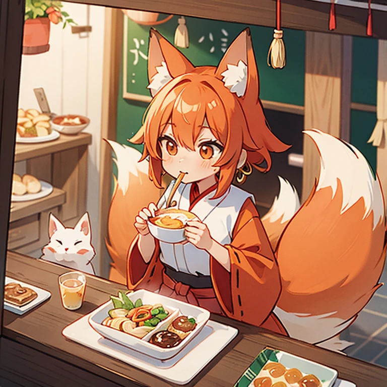 A fox girl eating fox udon at a food stall　Miko costume