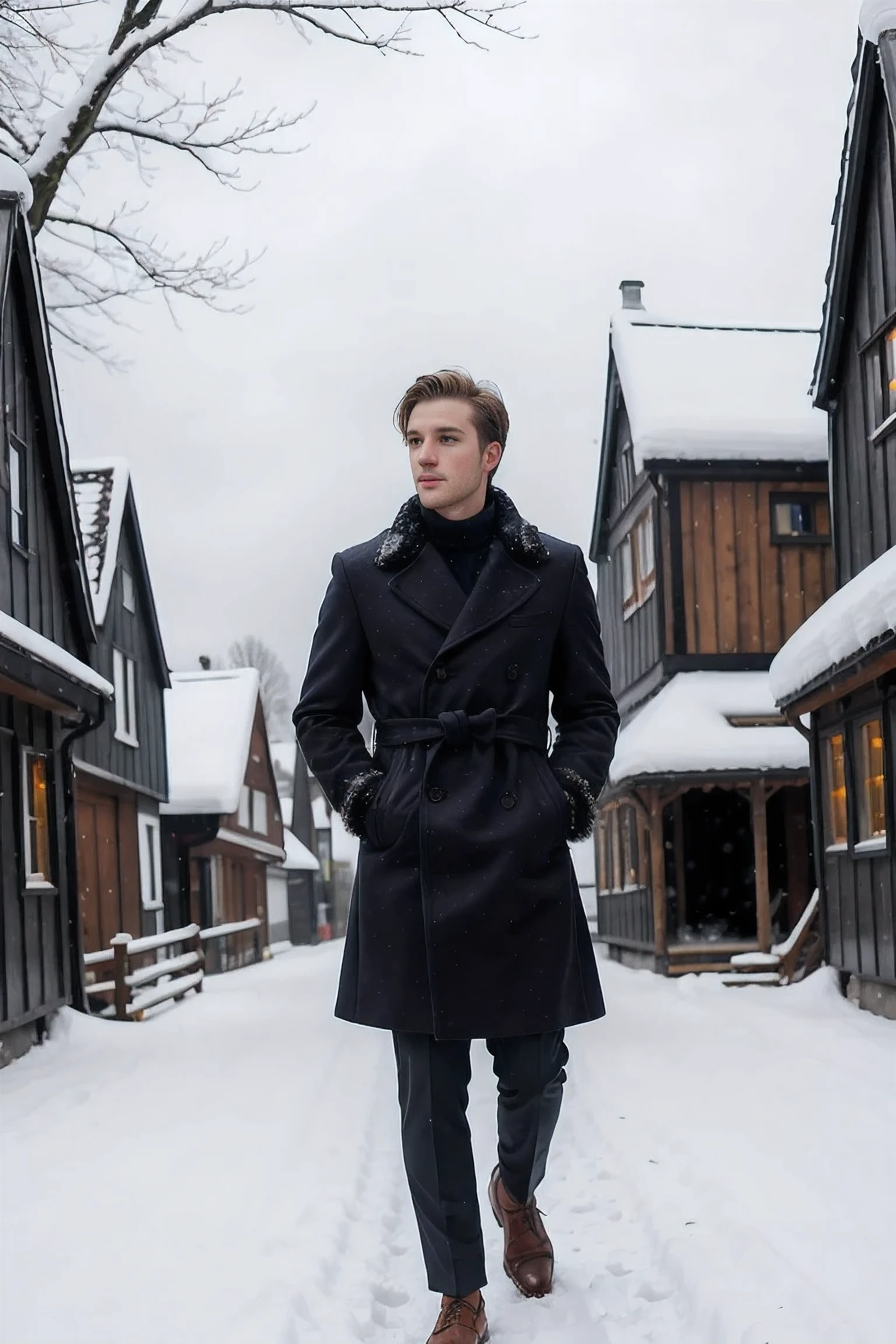 handsome men,winter dress, ,feather coat,dutch angle ,snow ,village
